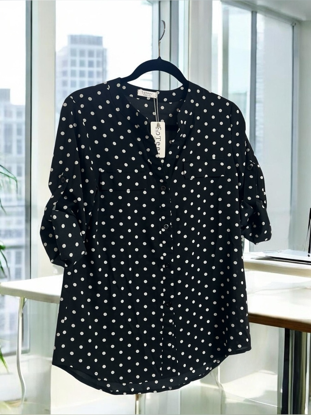 SoTeer Womens Polka Dot Button Up Blouse Black White Roll Tab Sleeve Small NWT